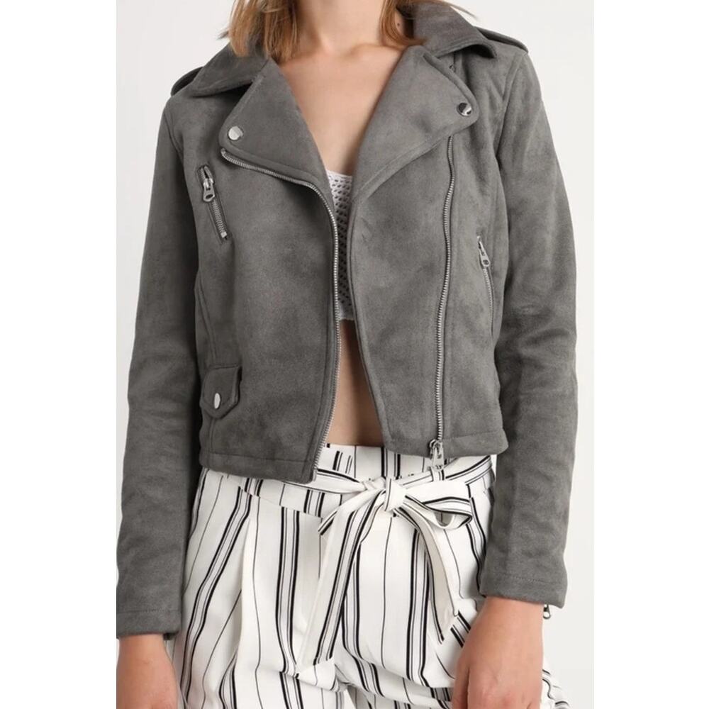 Jennyfer Faux Suede Moto Jacket Women XS Taupe Cropped Biker Zip
